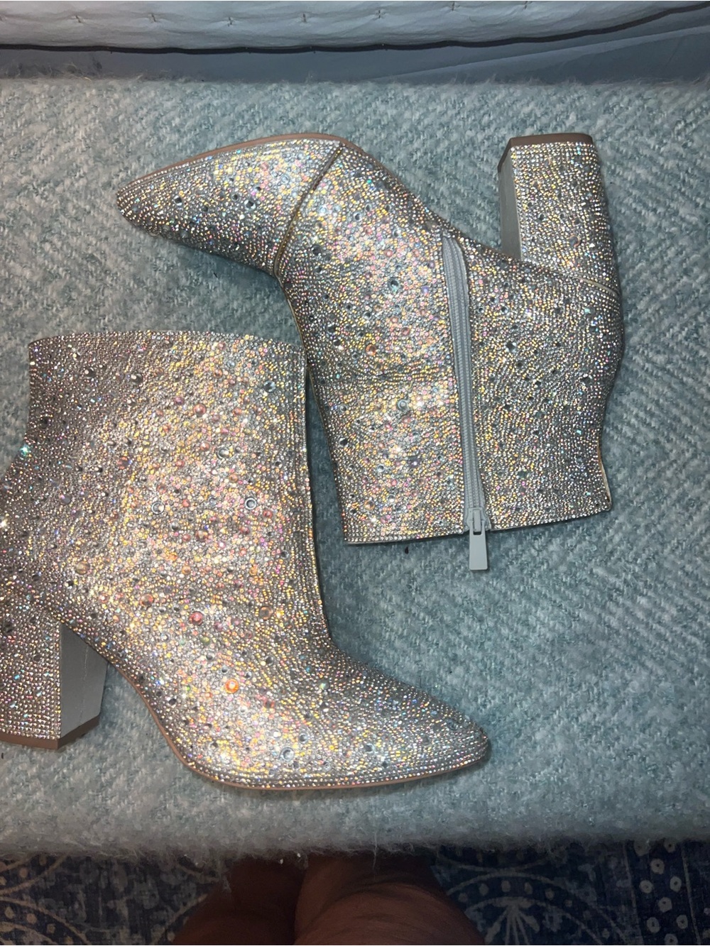 Betsey Johnson Silver Rhinestone Block Heel Ankle Boots